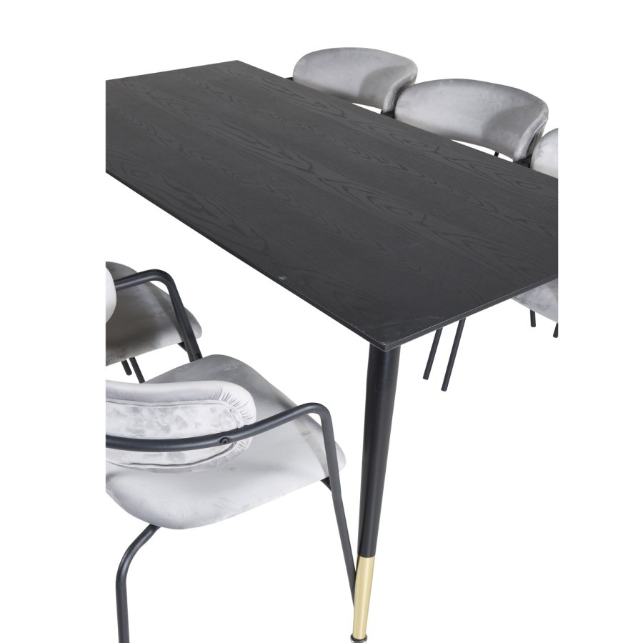 VENTURE DESIGN Dipp spisebordsst, m. 6 stole - sort finer/messing sort metal, gr fljl/sort metal