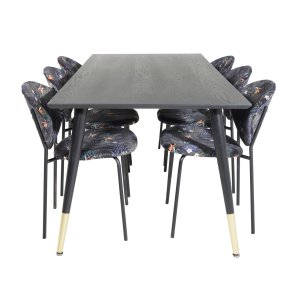 VENTURE DESIGN Dipp spisebordsst, m. 6 stole - sort finer/messing/sort metal, multi stof/sort metal
