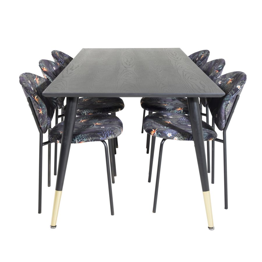 VENTURE DESIGN Dipp spisebordsst, m. 6 stole - sort finer/messing/sort metal, multi stof/sort metal