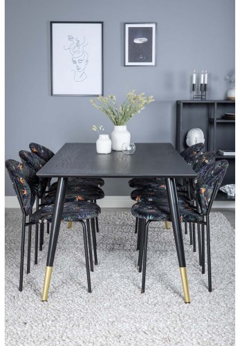 VENTURE DESIGN Dipp spisebordsst, m. 6 stole - sort finer/messing/sort metal, multi stof/sort metal