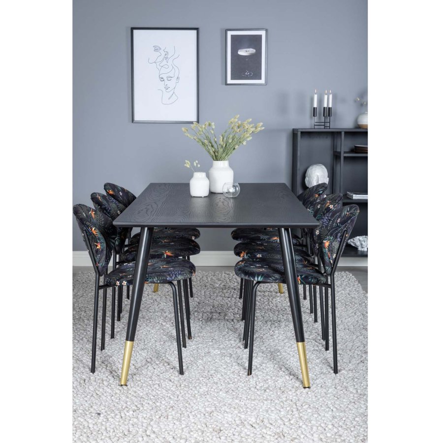 VENTURE DESIGN Dipp spisebordsst, m. 6 stole - sort finer/messing/sort metal, multi stof/sort metal