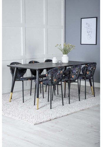VENTURE DESIGN Dipp spisebordsst, m. 6 stole - sort finer/messing/sort metal, multi stof/sort metal