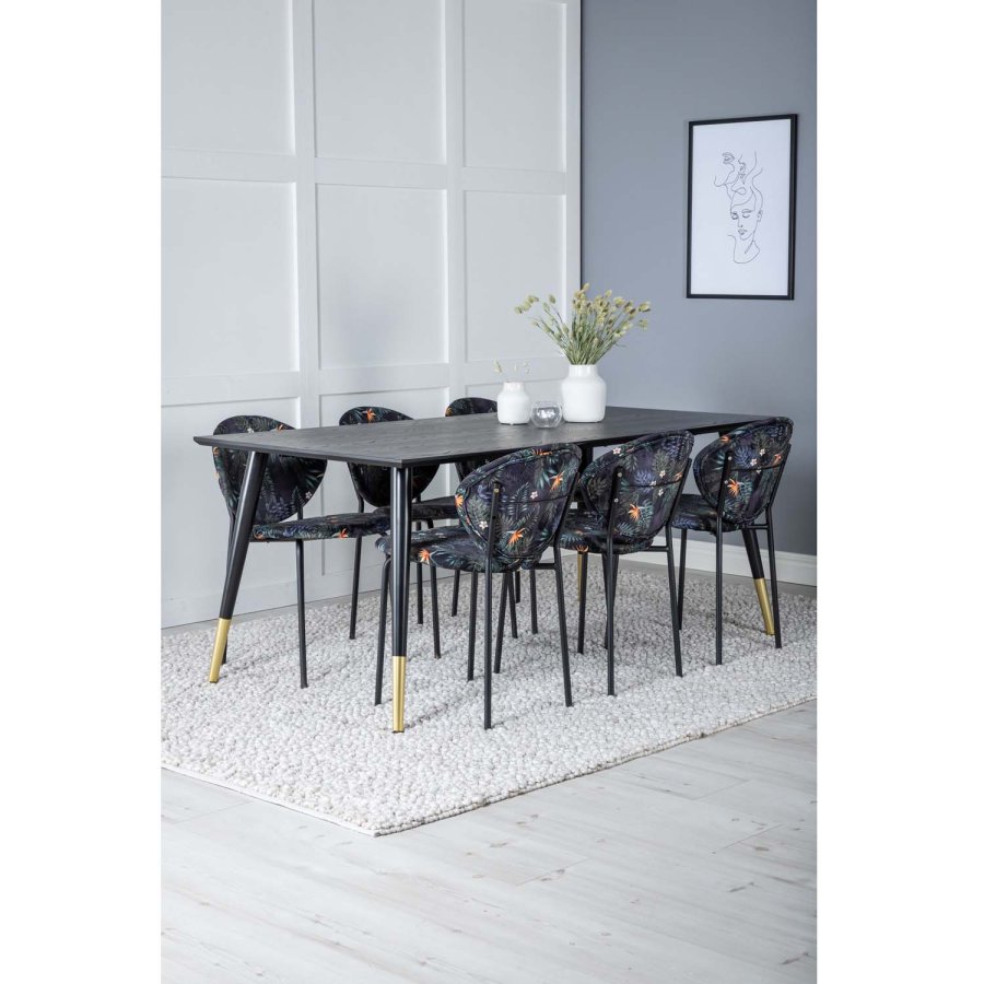 VENTURE DESIGN Dipp spisebordsst, m. 6 stole - sort finer/messing/sort metal, multi stof/sort metal