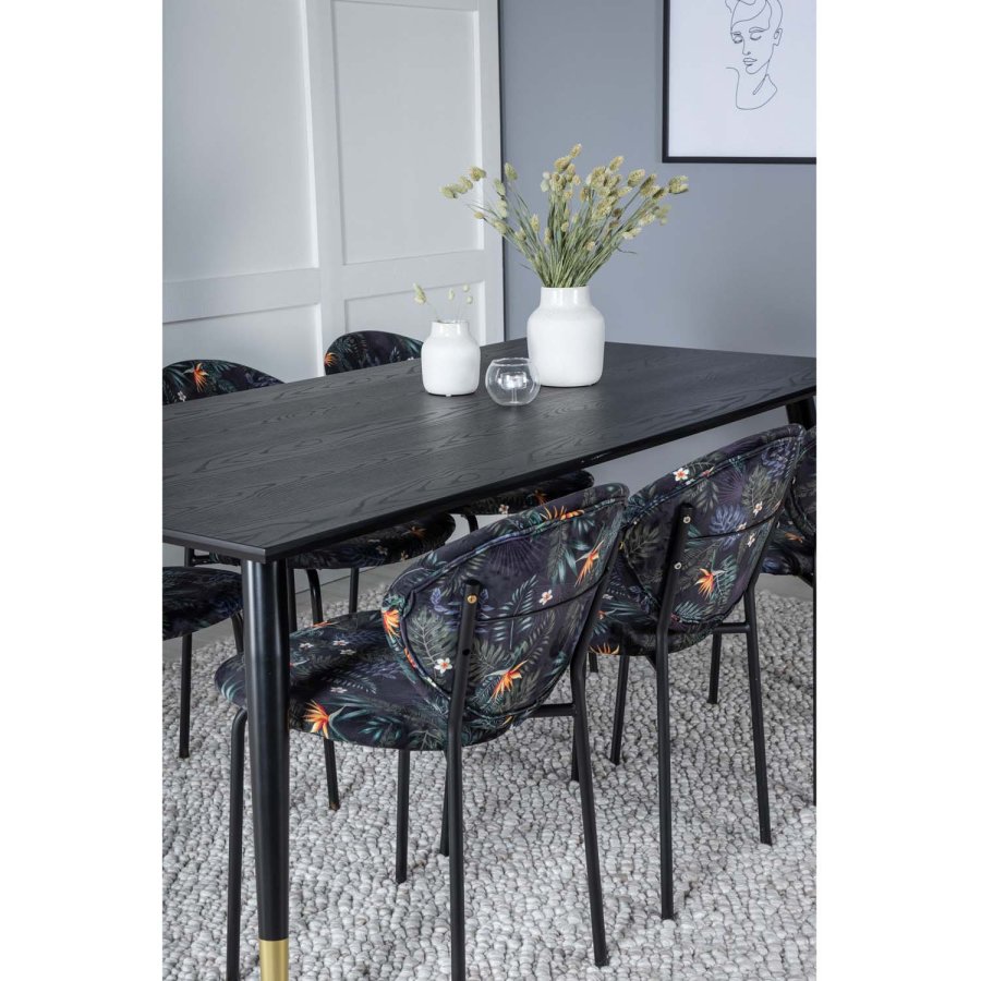 VENTURE DESIGN Dipp spisebordsst, m. 6 stole - sort finer/messing/sort metal, multi stof/sort metal