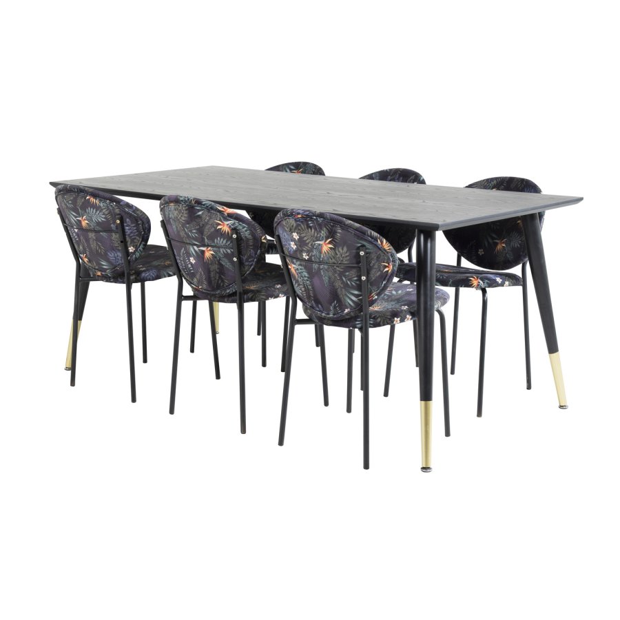 VENTURE DESIGN Dipp spisebordsst, m. 6 stole - sort finer/messing/sort metal, multi stof/sort metal