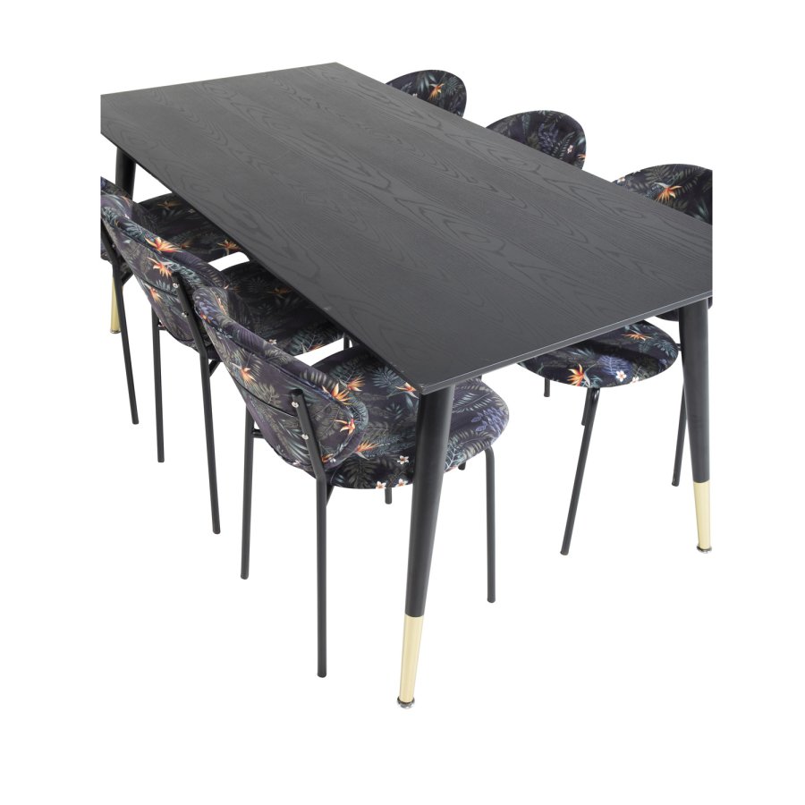 VENTURE DESIGN Dipp spisebordsst, m. 6 stole - sort finer/messing/sort metal, multi stof/sort metal