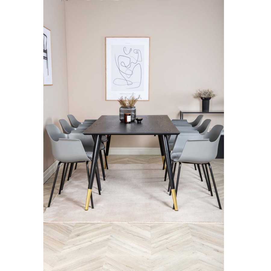 VENTURE DESIGN Dipp spisebordsst, m. 6 stole - sort finer/messing/sort metal, gr plast/sort metal