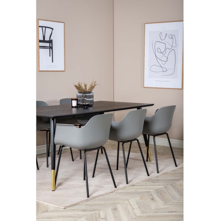 VENTURE DESIGN Dipp spisebordsst, m. 6 stole - sort finer/messing/sort metal, gr plast/sort metal