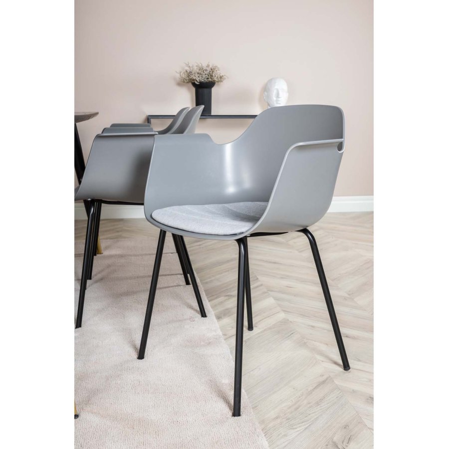 VENTURE DESIGN Dipp spisebordsst, m. 6 stole - sort finer/messing/sort metal, gr plast/sort metal