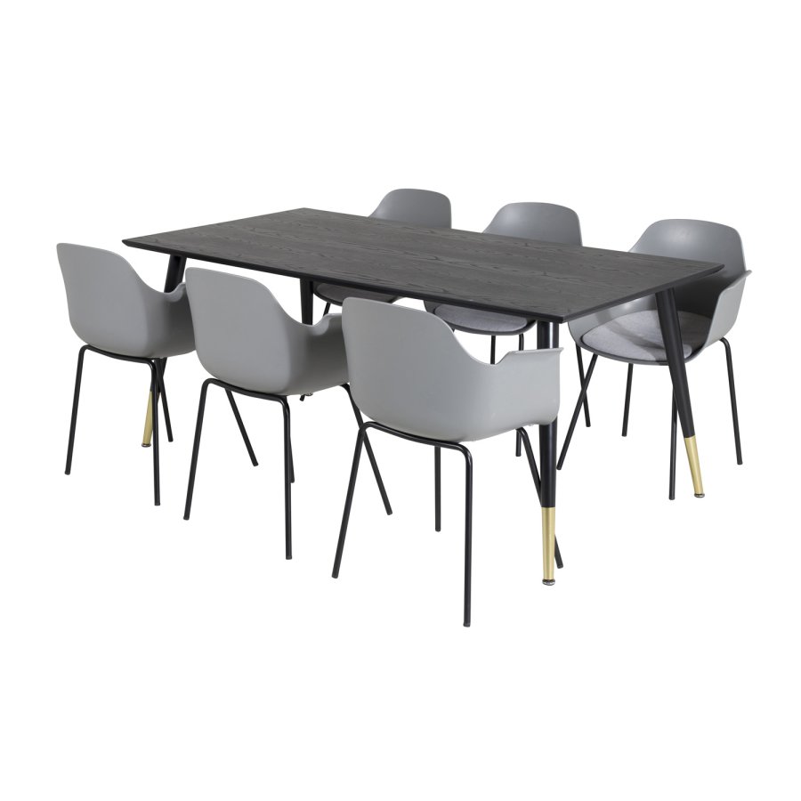 VENTURE DESIGN Dipp spisebordsst, m. 6 stole - sort finer/messing/sort metal, gr plast/sort metal
