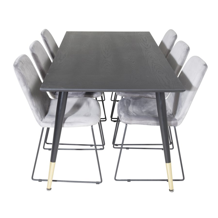 VENTURE DESIGN Dipp spisebordsst, m. 6 stole - sort finer/messing sort metal, gr fljl/sort metal