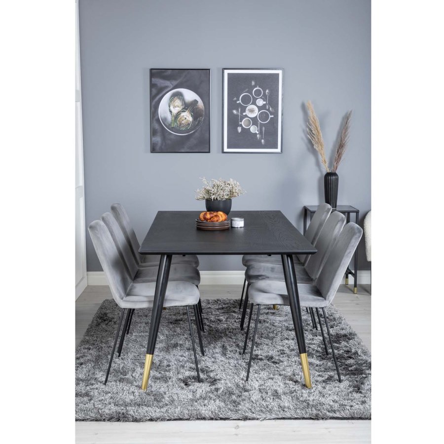 VENTURE DESIGN Dipp spisebordsst, m. 6 stole - sort finer/messing sort metal, gr fljl/sort metal