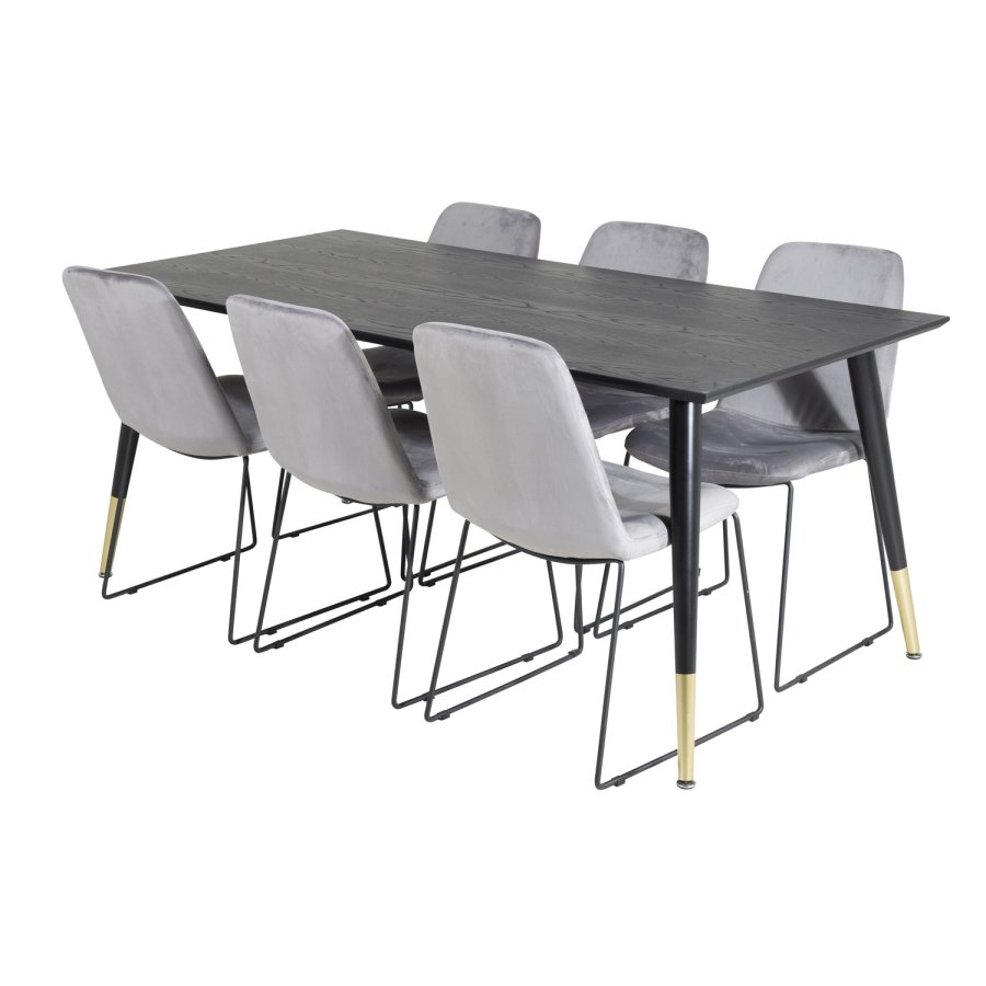 VENTURE DESIGN Dipp spisebordsst, m. 6 stole - sort finer/messing sort metal, gr fljl/sort metal