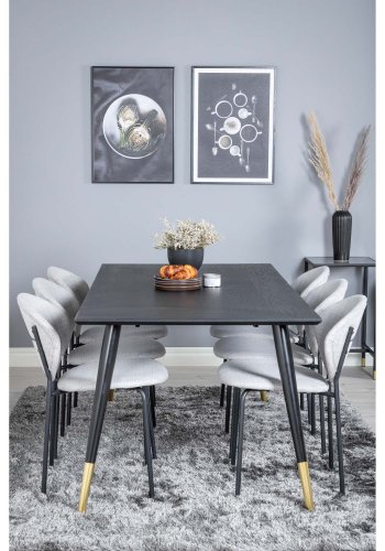 VENTURE DESIGN Dipp spisebordsst, m. 6 stole - sort finer/messing sort metal, gr stof/sort metal