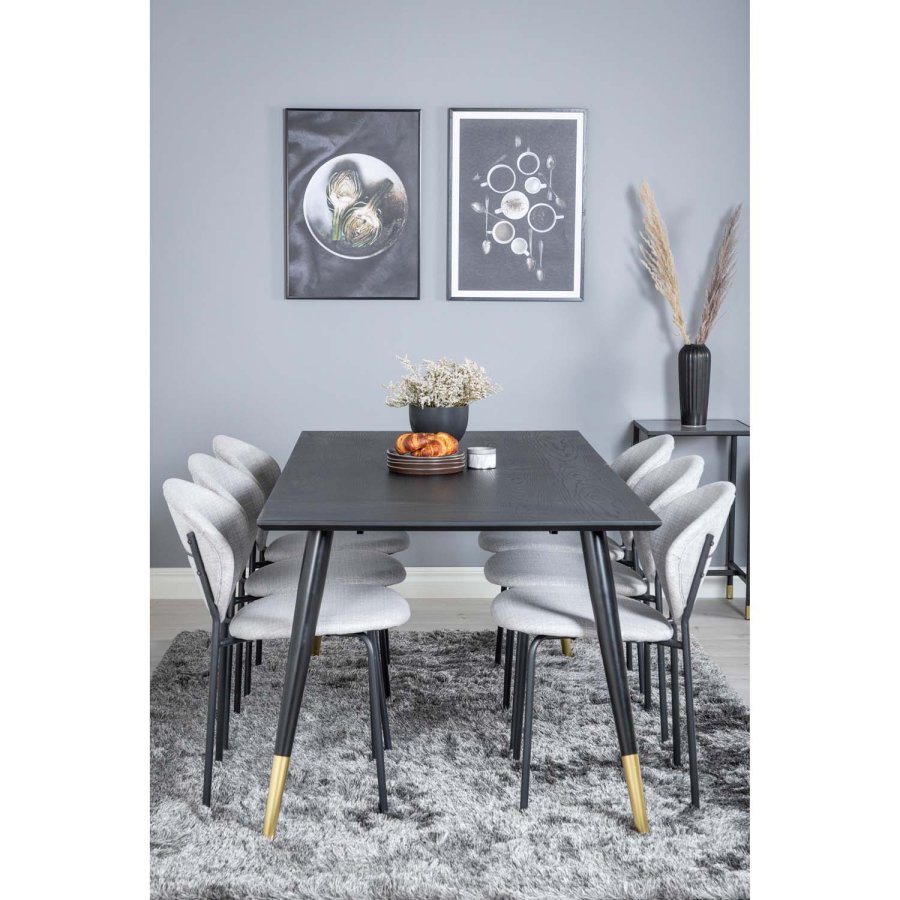 VENTURE DESIGN Dipp spisebordsst, m. 6 stole - sort finer/messing sort metal, gr stof/sort metal