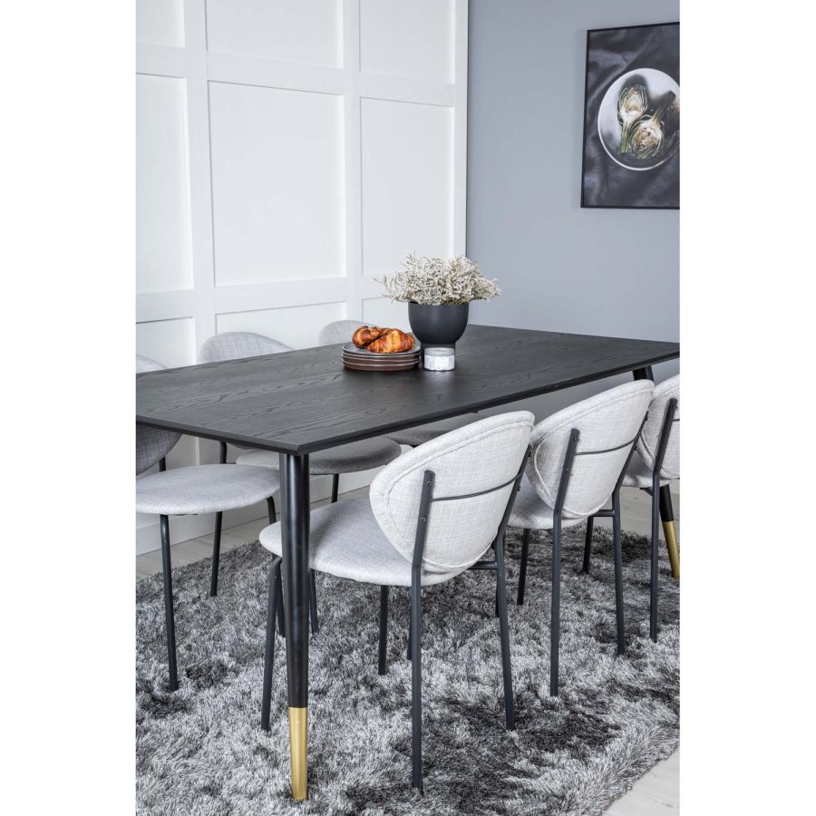 VENTURE DESIGN Dipp spisebordsst, m. 6 stole - sort finer/messing sort metal, gr stof/sort metal
