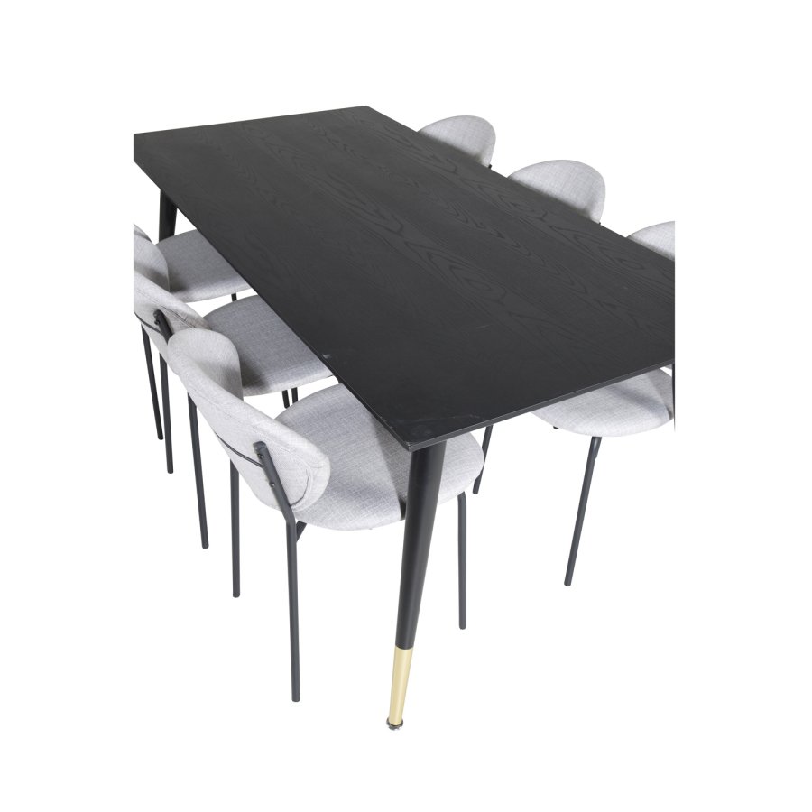VENTURE DESIGN Dipp spisebordsst, m. 6 stole - sort finer/messing sort metal, gr stof/sort metal