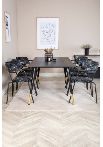 VENTURE DESIGN Dipp spisebordsst, m. 6 stole - sort finer/messing/sort metal, multi stof/sort metal