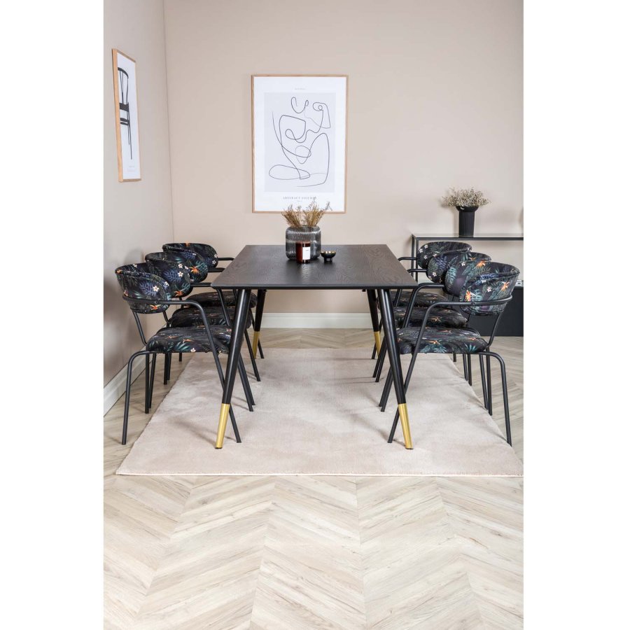 VENTURE DESIGN Dipp spisebordsst, m. 6 stole - sort finer/messing/sort metal, multi stof/sort metal