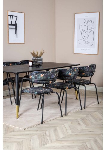 VENTURE DESIGN Dipp spisebordsst, m. 6 stole - sort finer/messing/sort metal, multi stof/sort metal