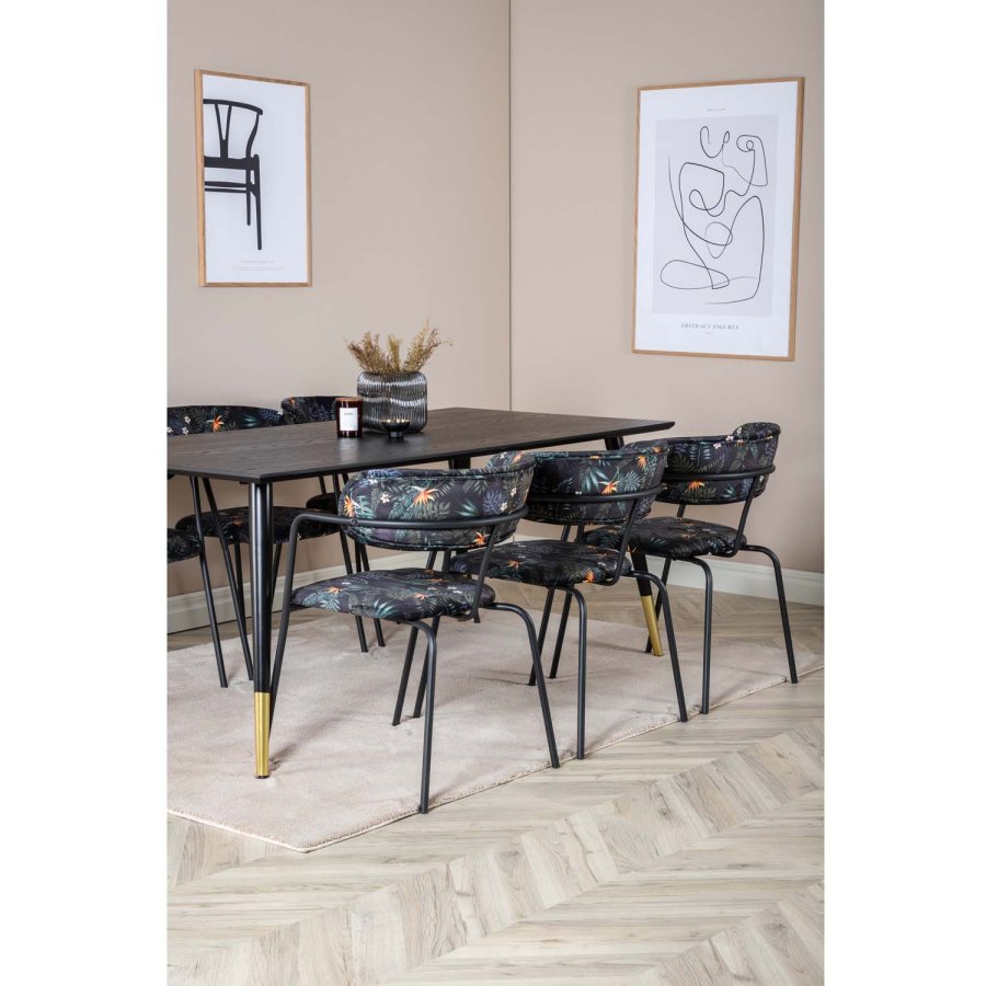 VENTURE DESIGN Dipp spisebordsst, m. 6 stole - sort finer/messing/sort metal, multi stof/sort metal