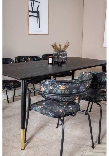 VENTURE DESIGN Dipp spisebordsst, m. 6 stole - sort finer/messing/sort metal, multi stof/sort metal