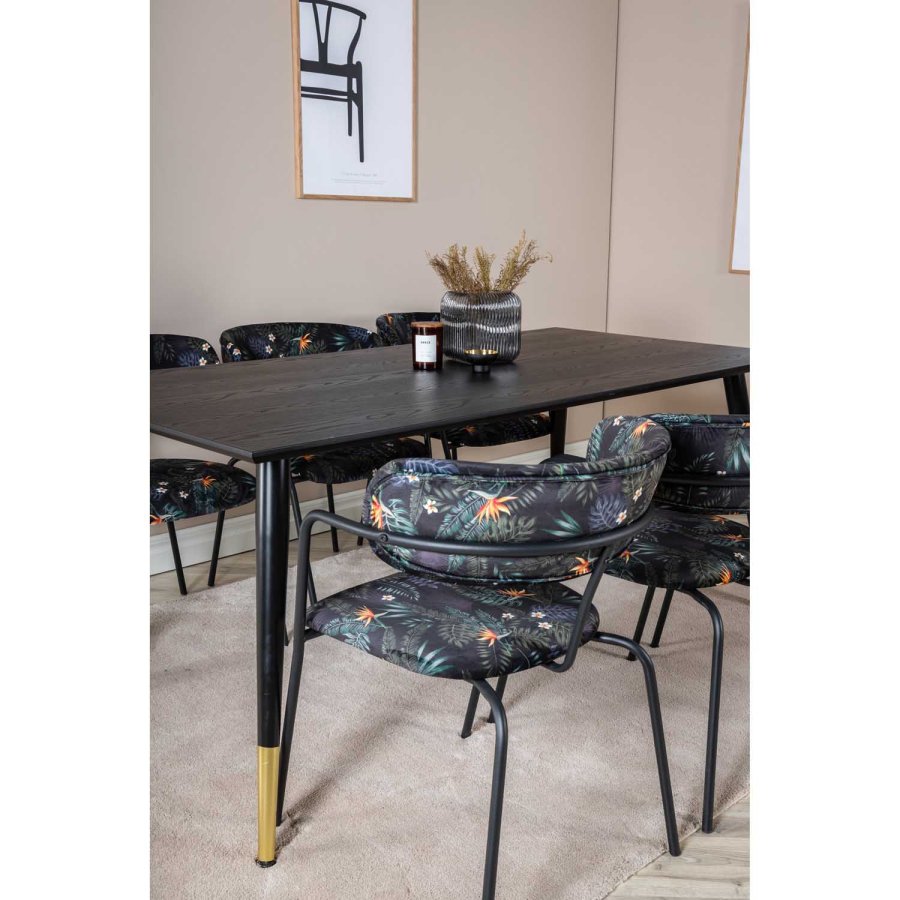 VENTURE DESIGN Dipp spisebordsst, m. 6 stole - sort finer/messing/sort metal, multi stof/sort metal