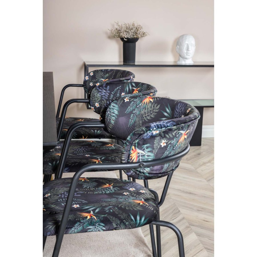 VENTURE DESIGN Dipp spisebordsst, m. 6 stole - sort finer/messing/sort metal, multi stof/sort metal