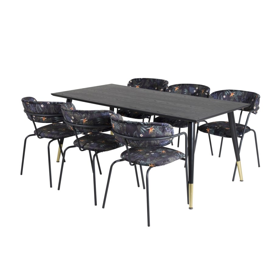 VENTURE DESIGN Dipp spisebordsst, m. 6 stole - sort finer/messing/sort metal, multi stof/sort metal