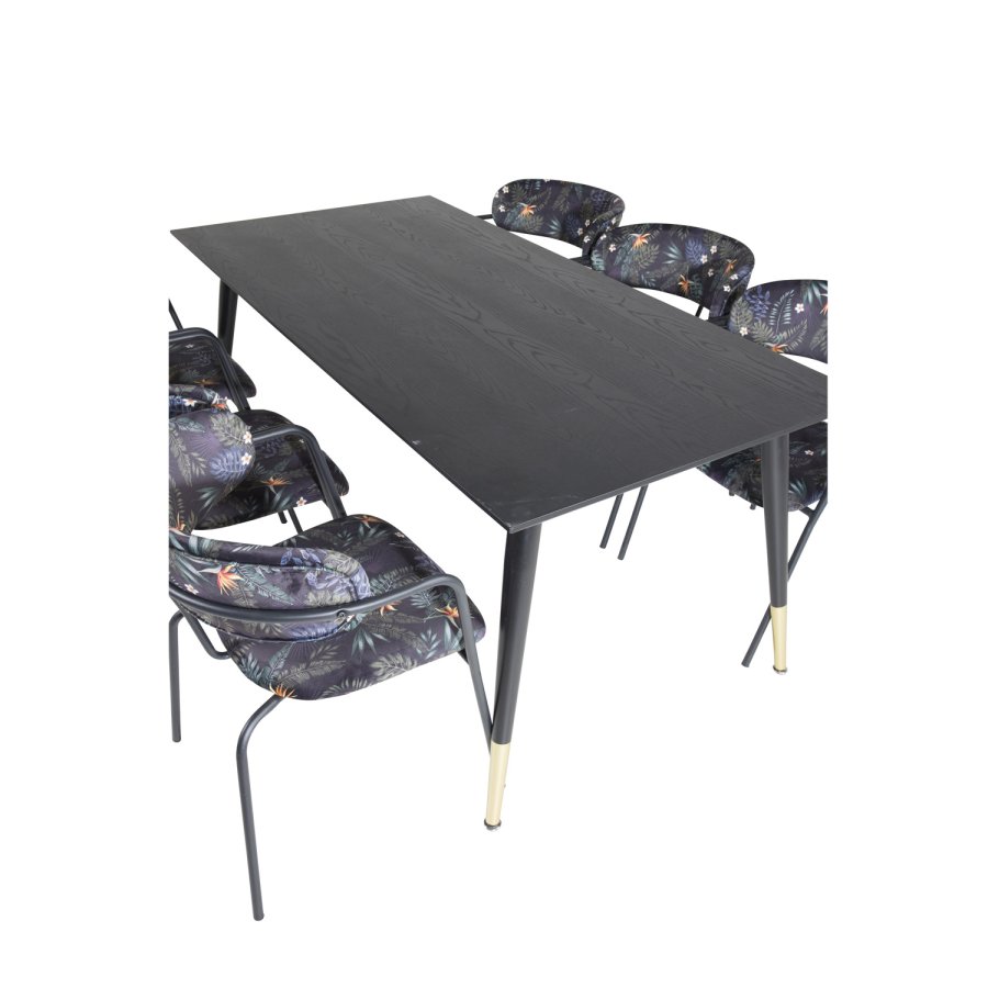VENTURE DESIGN Dipp spisebordsst, m. 6 stole - sort finer/messing/sort metal, multi stof/sort metal