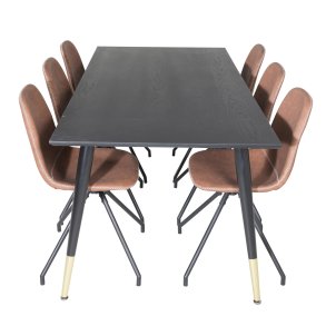 VENTURE DESIGN Dipp spisebordsst, m. 6 stole - sort finer/messing sort metal, brun PU/sort metal