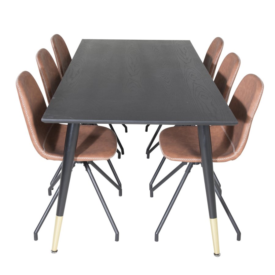 VENTURE DESIGN Dipp spisebordsst, m. 6 stole - sort finer/messing sort metal, brun PU/sort metal