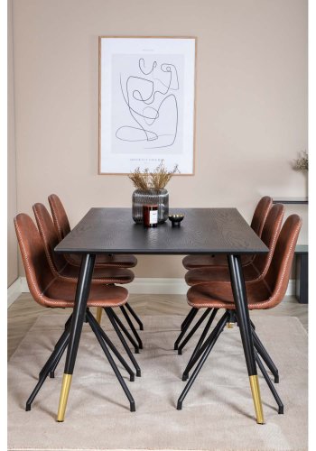 VENTURE DESIGN Dipp spisebordsst, m. 6 stole - sort finer/messing sort metal, brun PU/sort metal