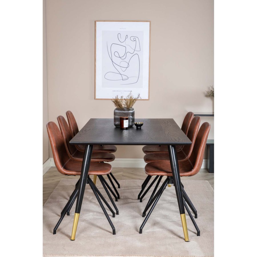 VENTURE DESIGN Dipp spisebordsst, m. 6 stole - sort finer/messing sort metal, brun PU/sort metal