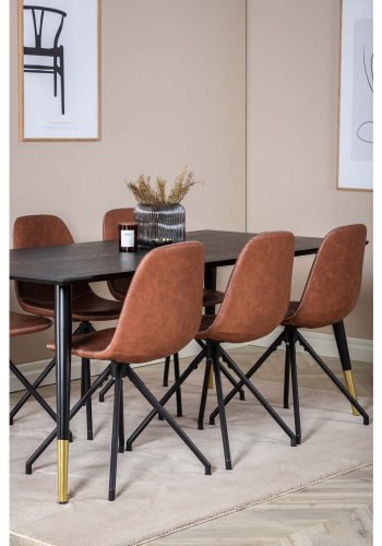 VENTURE DESIGN Dipp spisebordsst, m. 6 stole - sort finer/messing sort metal, brun PU/sort metal