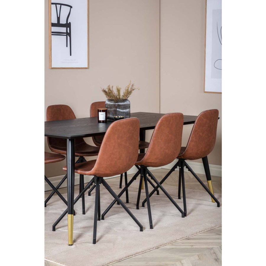 VENTURE DESIGN Dipp spisebordsst, m. 6 stole - sort finer/messing sort metal, brun PU/sort metal