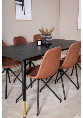 VENTURE DESIGN Dipp spisebordsst, m. 6 stole - sort finer/messing sort metal, brun PU/sort metal
