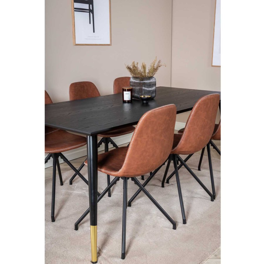 VENTURE DESIGN Dipp spisebordsst, m. 6 stole - sort finer/messing sort metal, brun PU/sort metal