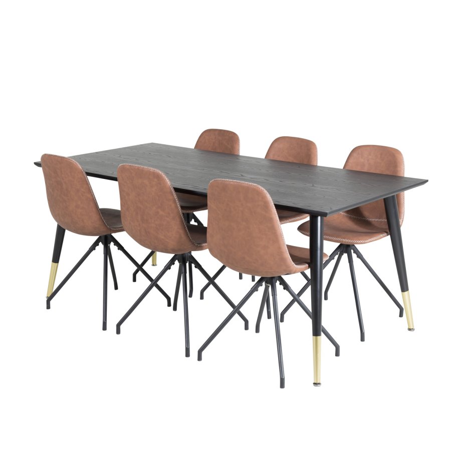 VENTURE DESIGN Dipp spisebordsst, m. 6 stole - sort finer/messing sort metal, brun PU/sort metal