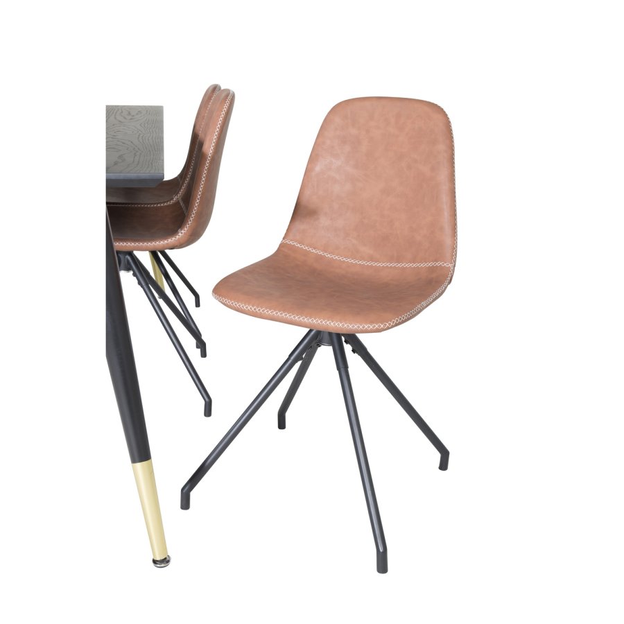 VENTURE DESIGN Dipp spisebordsst, m. 6 stole - sort finer/messing sort metal, brun PU/sort metal