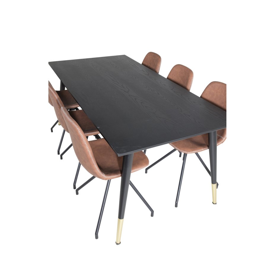 VENTURE DESIGN Dipp spisebordsst, m. 6 stole - sort finer/messing sort metal, brun PU/sort metal