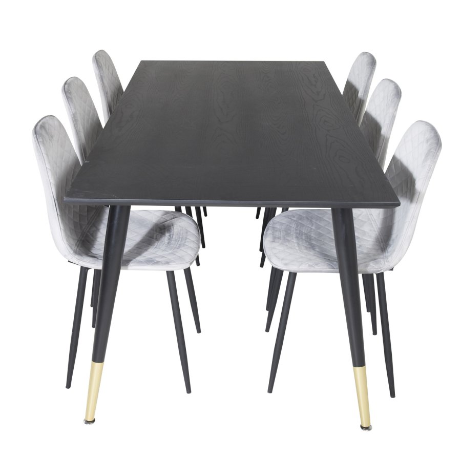 VENTURE DESIGN Dipp spisebordsst, m. 6 stole - sort finer/messing sort metal, gr fljl/sort metal