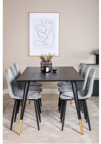 VENTURE DESIGN Dipp spisebordsst, m. 6 stole - sort finer/messing sort metal, gr fljl/sort metal