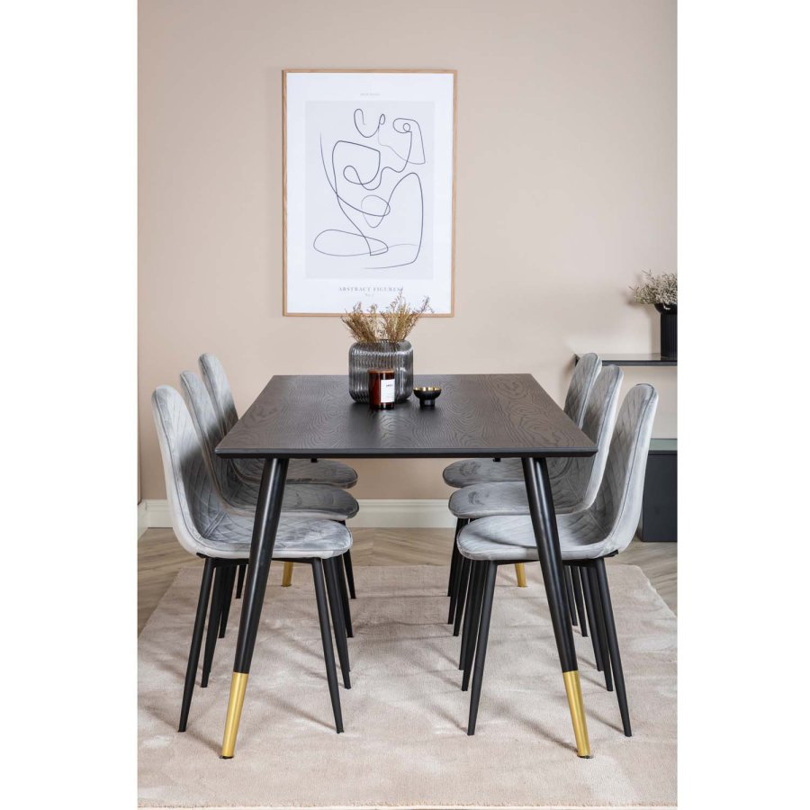 VENTURE DESIGN Dipp spisebordsst, m. 6 stole - sort finer/messing sort metal, gr fljl/sort metal