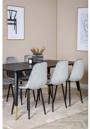VENTURE DESIGN Dipp spisebordsst, m. 6 stole - sort finer/messing sort metal, gr fljl/sort metal