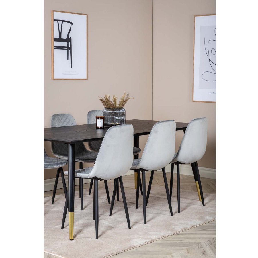 VENTURE DESIGN Dipp spisebordsst, m. 6 stole - sort finer/messing sort metal, gr fljl/sort metal