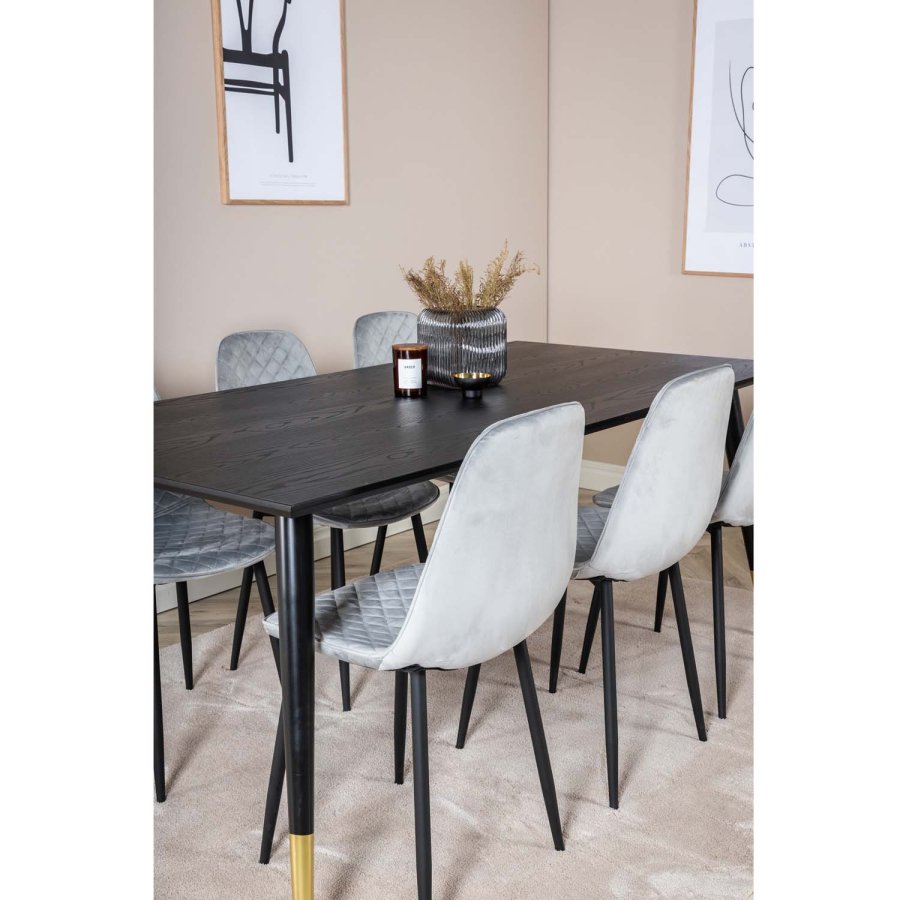 VENTURE DESIGN Dipp spisebordsst, m. 6 stole - sort finer/messing sort metal, gr fljl/sort metal