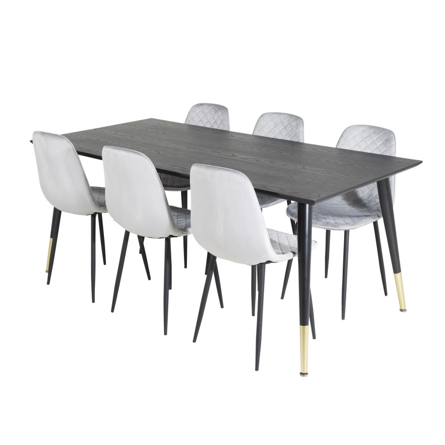 VENTURE DESIGN Dipp spisebordsst, m. 6 stole - sort finer/messing sort metal, gr fljl/sort metal