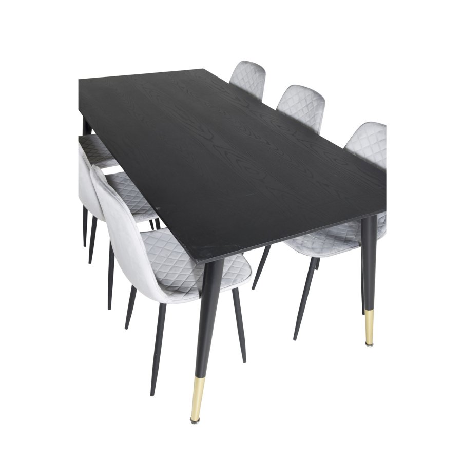 VENTURE DESIGN Dipp spisebordsst, m. 6 stole - sort finer/messing sort metal, gr fljl/sort metal