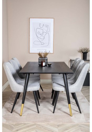 VENTURE DESIGN Dipp spisebordsst, m. 6 stole - sort finer/messing/sort metal, gr stof/sort metal